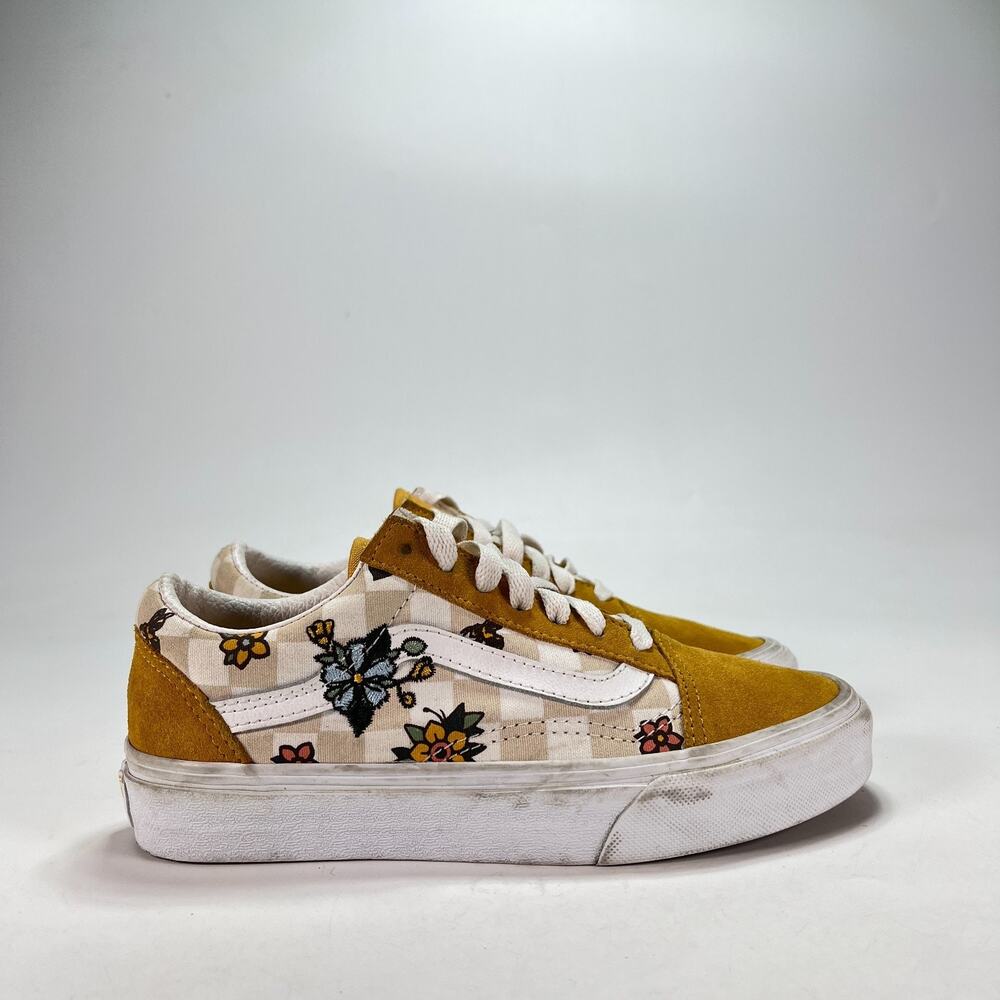 Vans Old Skool Yellow Suede Floral Bee Embroidered Checkerboard Women's Size 5